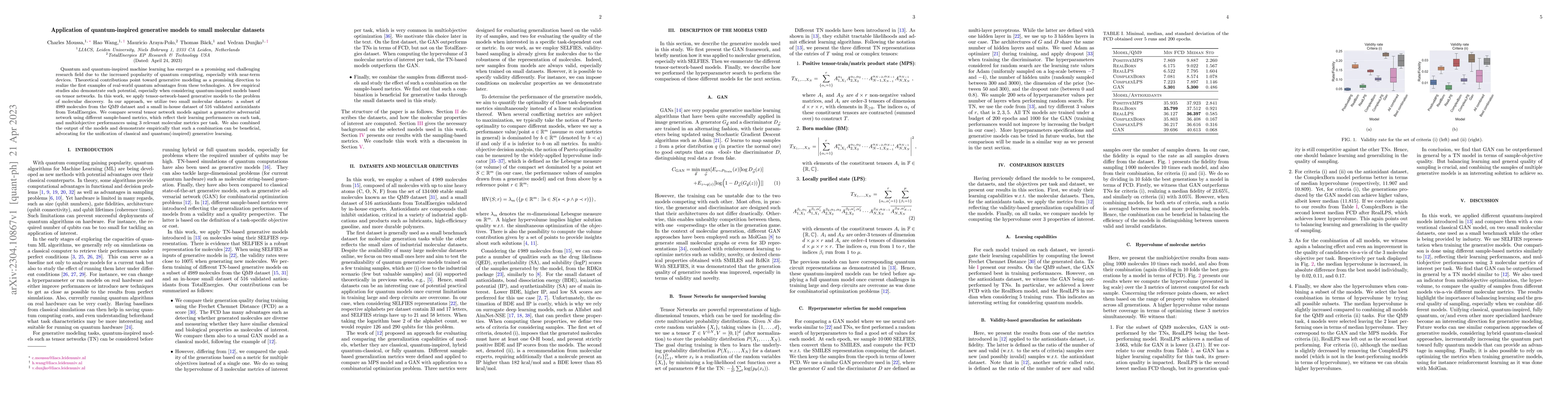 Thumbnail for Application of quantum-inspired generative models to small molecular
  datasets