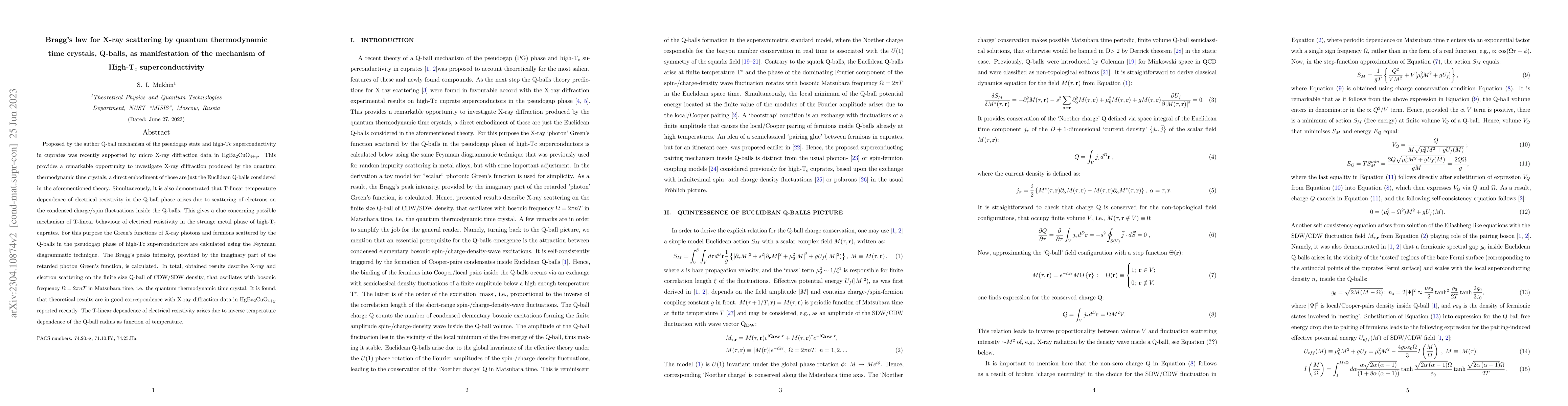 Thumbnail for Bragg's law for X-ray scattering by quantum thermodynamic time crystals,
  Q-balls, as manifestation of the mechanism of High-T$_c$ superconductivity