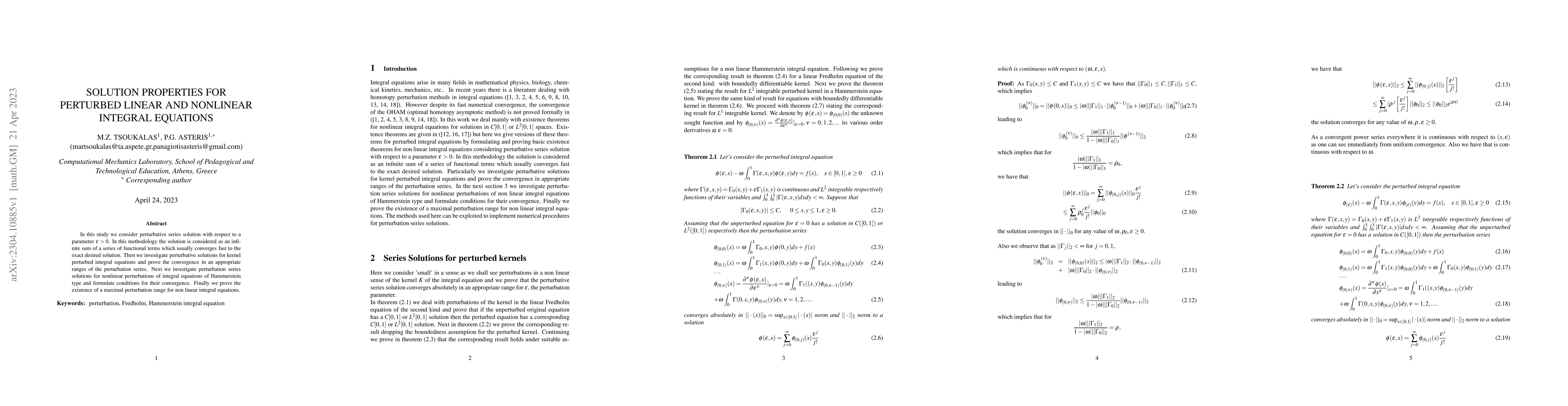 Thumbnail for Solution Properties for Pertubed Linear and Nonlinear Integrals
  Equations