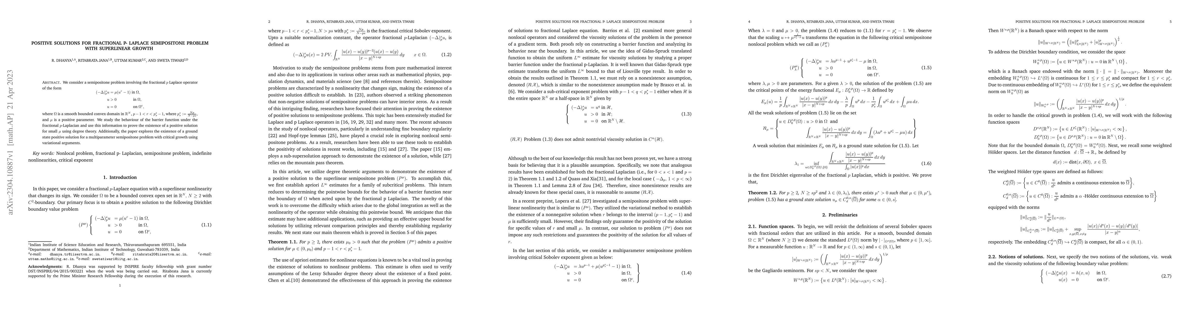 Thumbnail for Positive Solutions for Fractional p- Laplace Semipositone Problem with
  Superlinear Growth