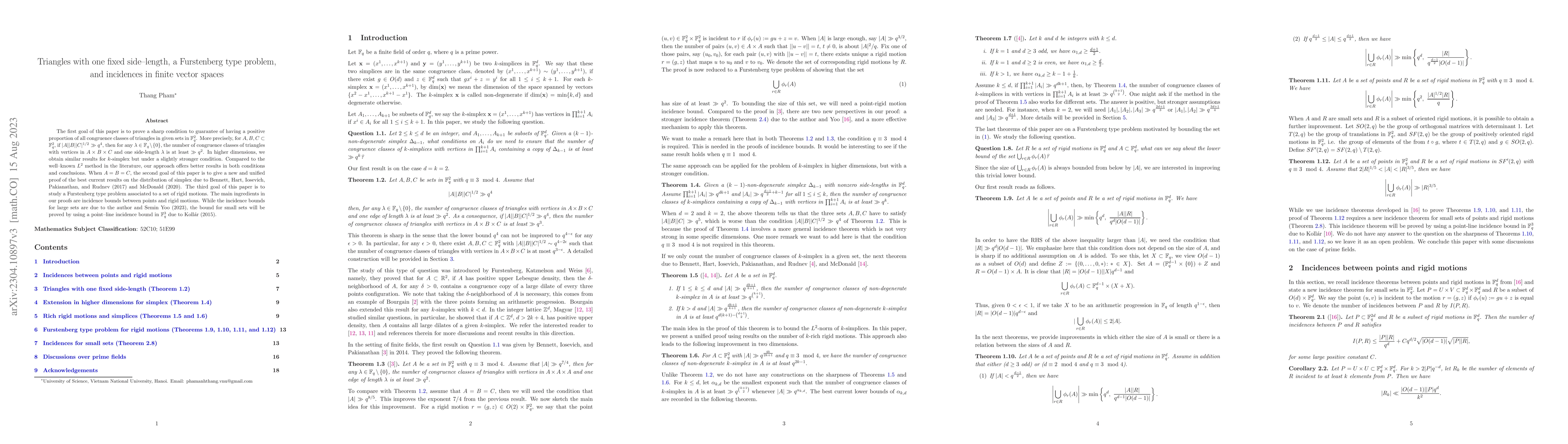 Thumbnail for Triangles with one fixed side-length, a Furstenberg type problem, and
  incidences in finite vector spaces