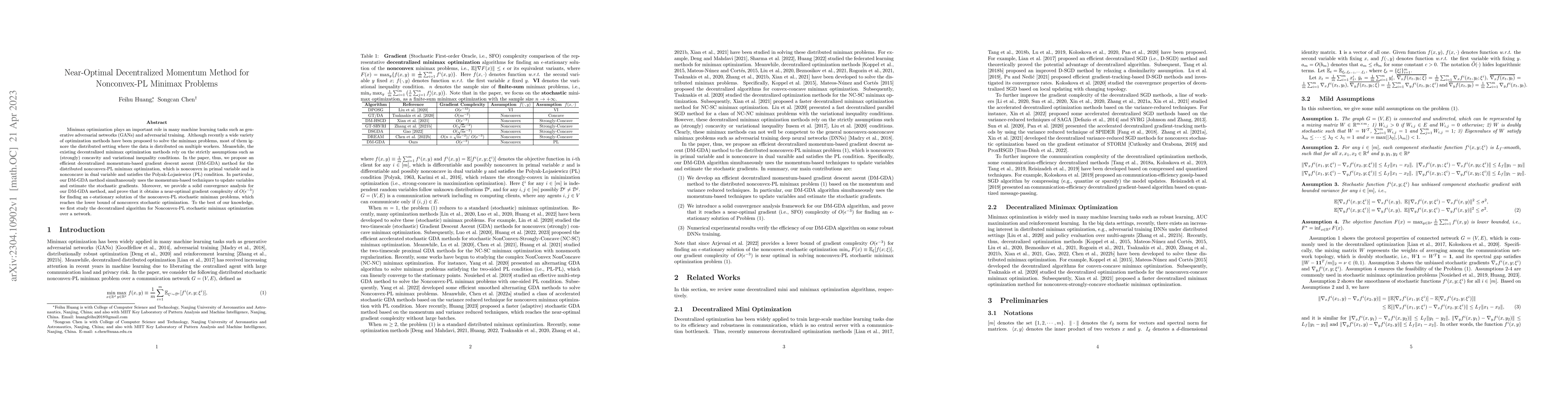 Thumbnail for Near-Optimal Decentralized Momentum Method for Nonconvex-PL Minimax
  Problems