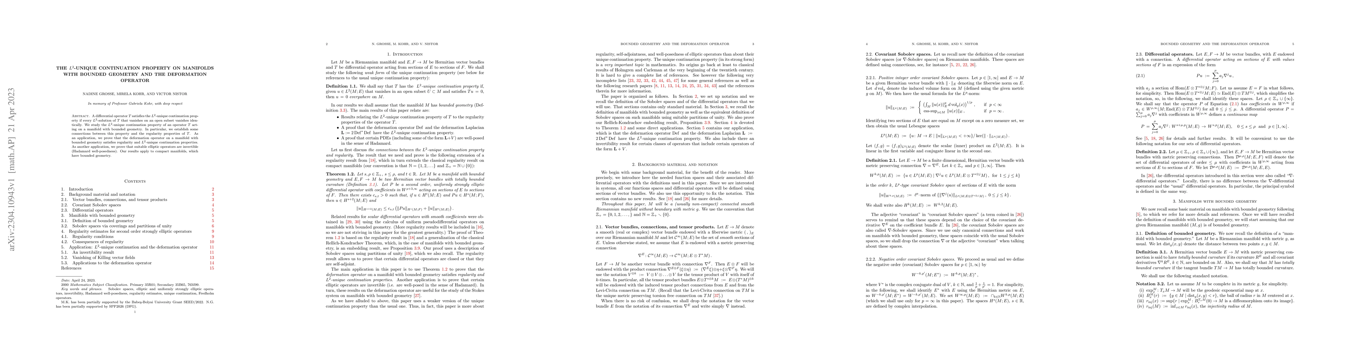 Thumbnail for The $L^2$-unique continuation property on manifolds with bounded
  geometry and the deformation operator