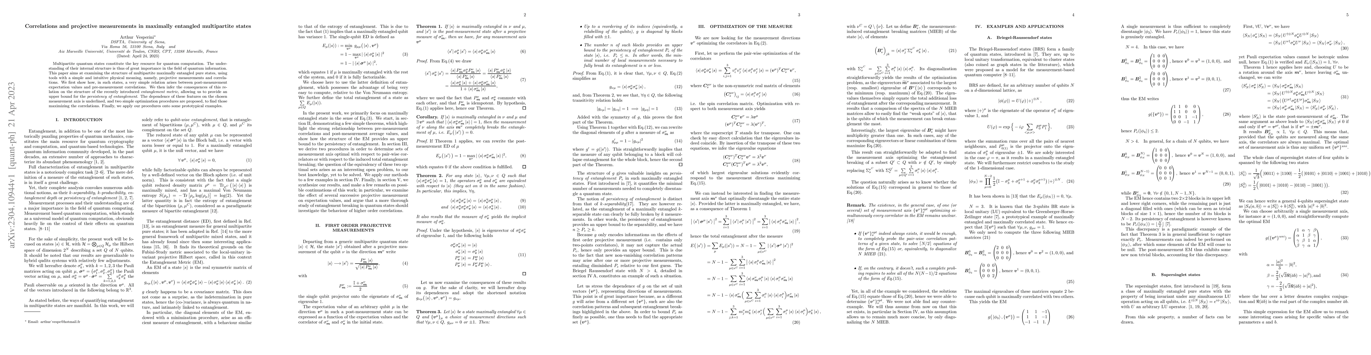 Thumbnail for Correlations and projective measurements in maximally entangled
  multipartite states