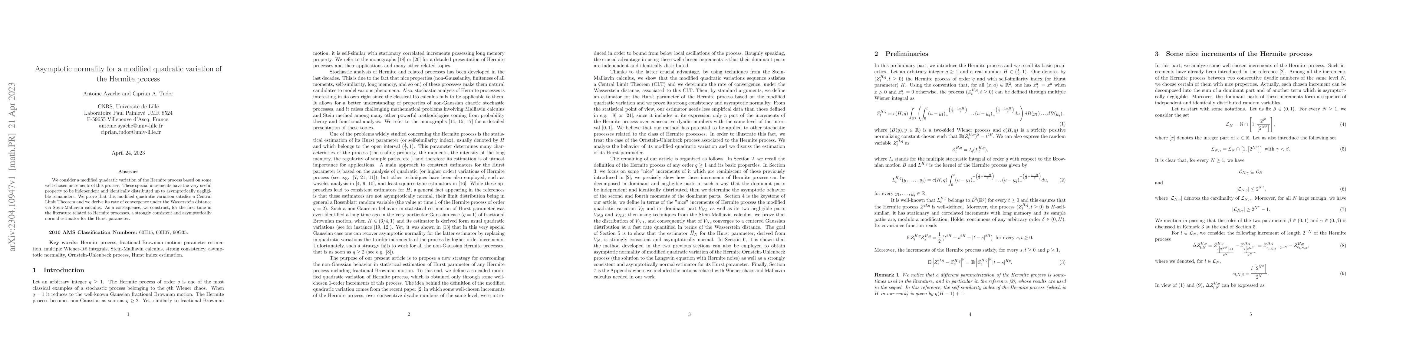 Thumbnail for Asymptotic normality for a modified quadratic variation of the Hermite
  process