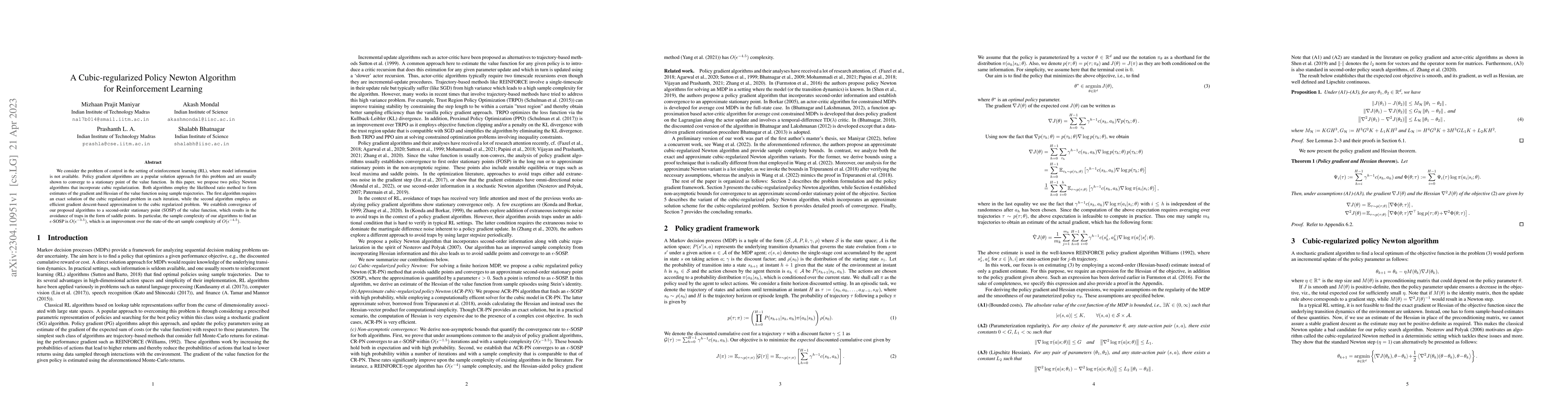 Thumbnail for A Cubic-regularized Policy Newton Algorithm for Reinforcement Learning