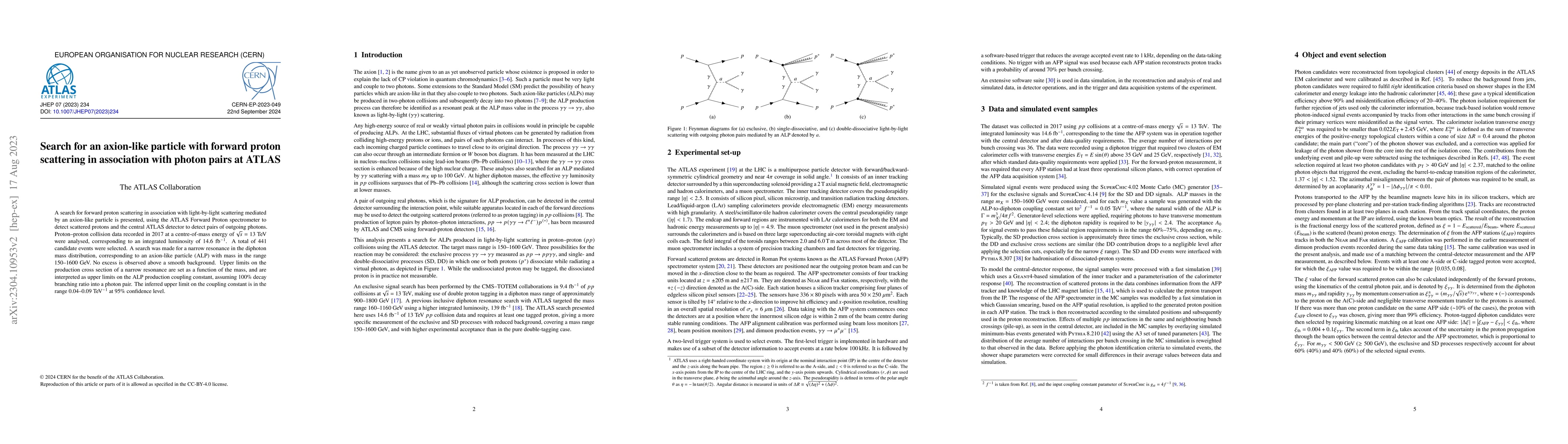 Thumbnail for Search for an axion-like particle with forward proton scattering in
  association with photon pairs at ATLAS