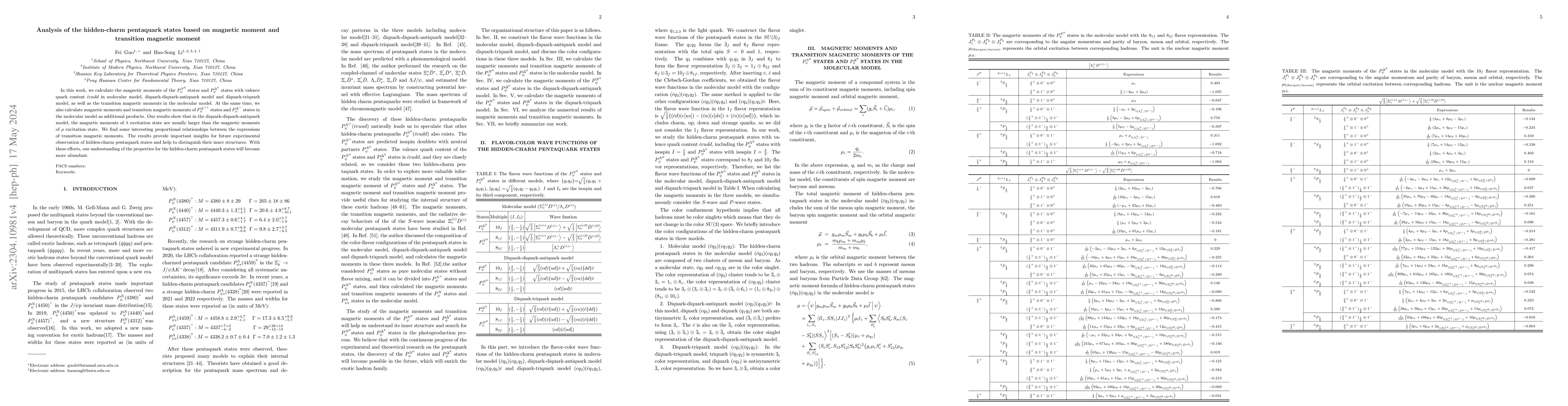 Thumbnail for Analysis of the hidden-charm pentaquark states based on magnetic moment
  and transition magnetic moment