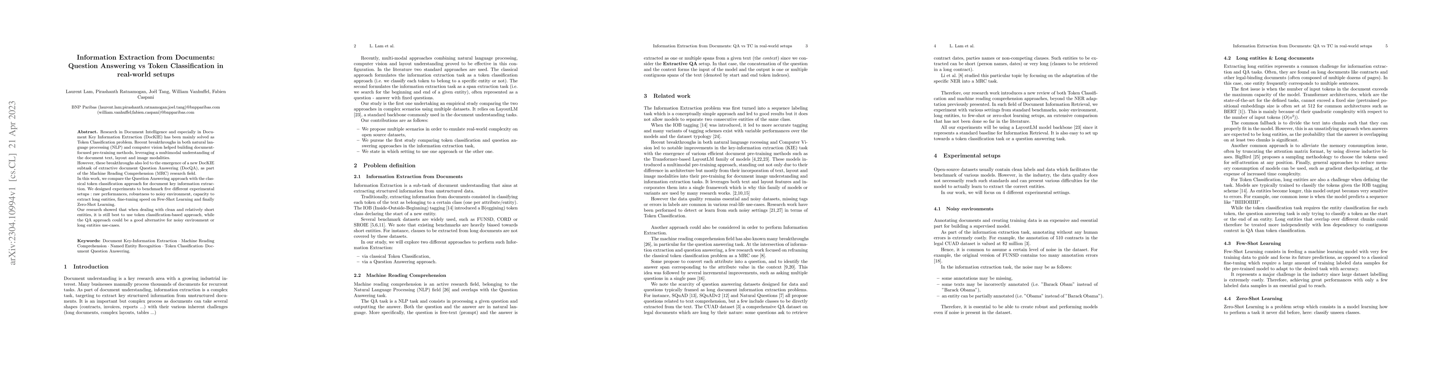 Thumbnail for Information Extraction from Documents: Question Answering vs Token
  Classification in real-world setups