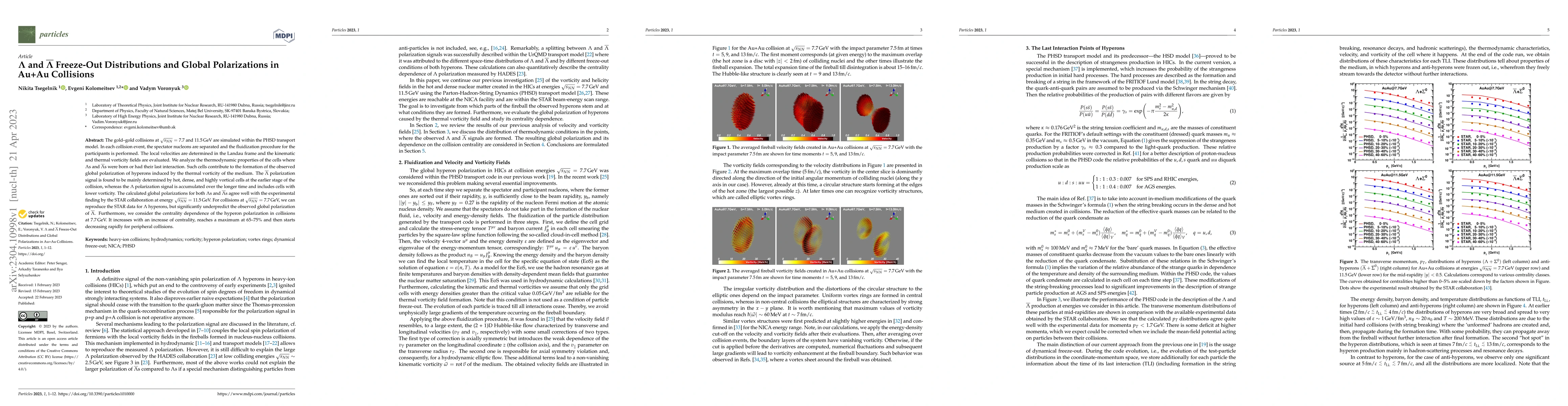Thumbnail for $\Lambda$ and $\overline{\Lambda}$ Freeze-Out Distributions and Global
  Polarizations in Au+Au Collisions