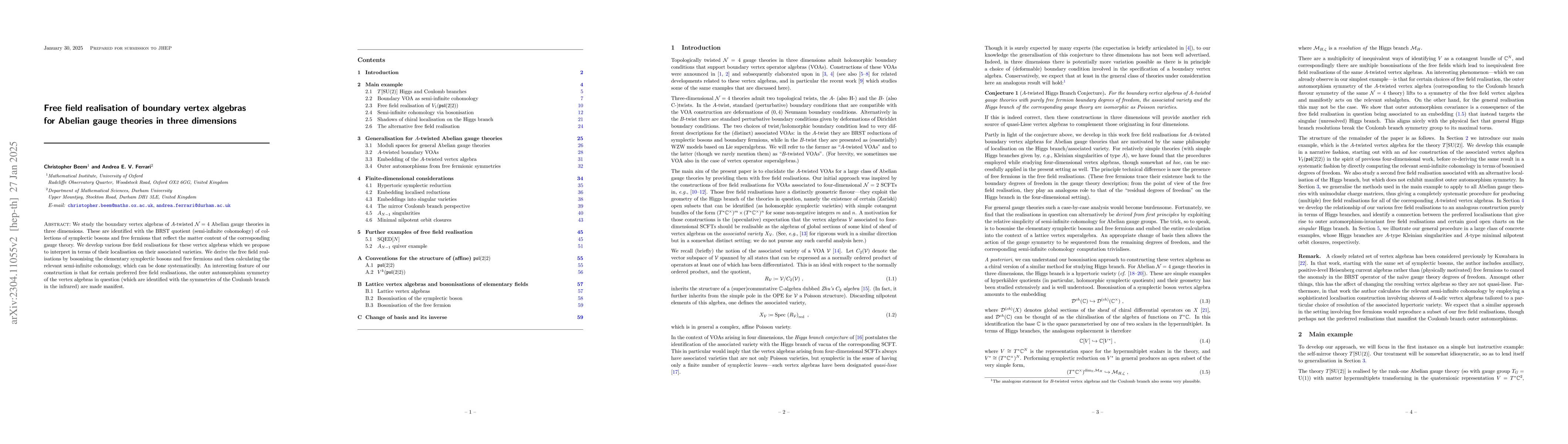 Thumbnail for Free field realisation of boundary vertex algebras for Abelian gauge
  theories in three dimensions
