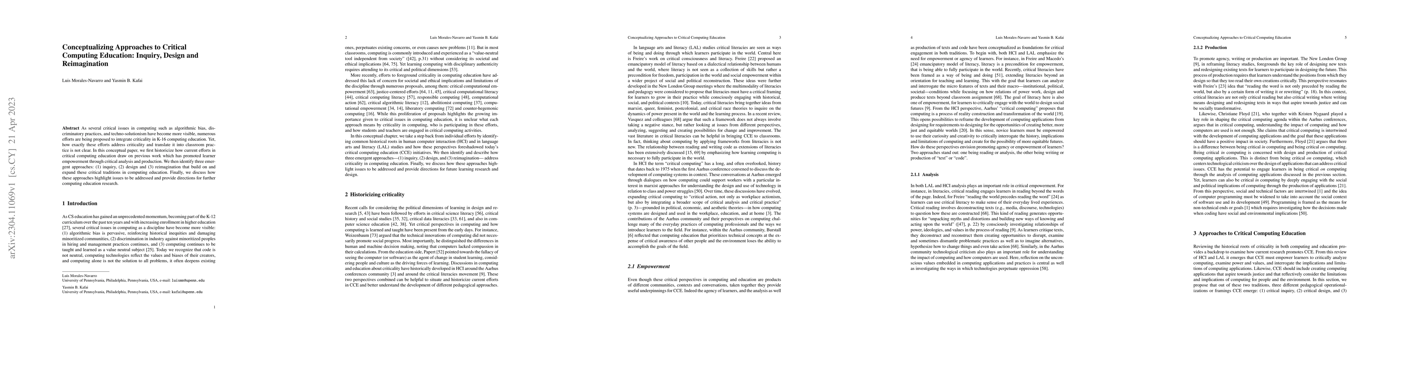 Thumbnail for Conceptualizing Approaches to Critical Computing Education: Inquiry,
  Design and Reimagination
