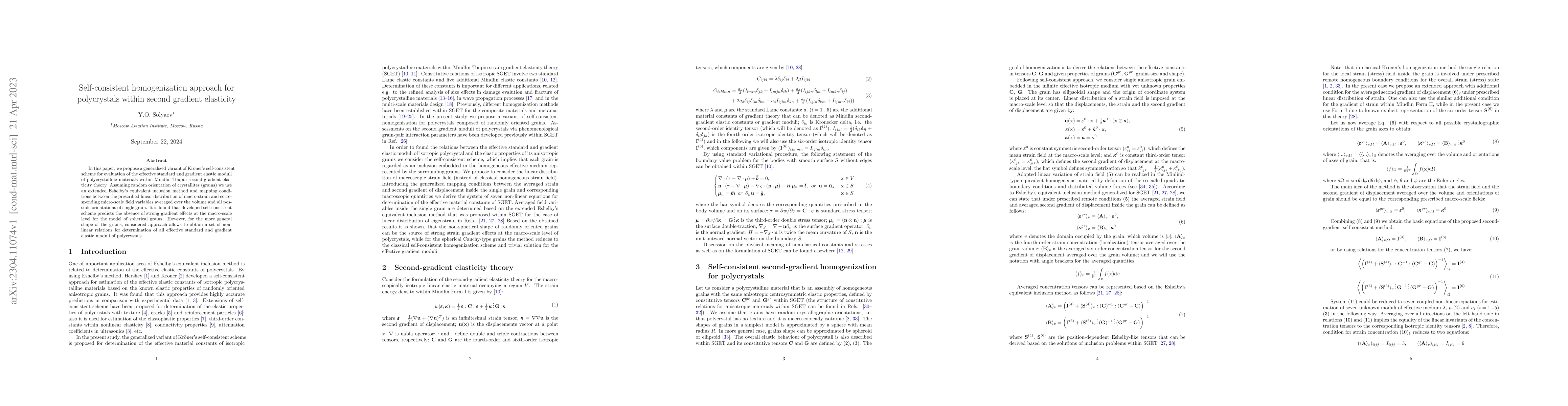 Thumbnail for Self-consistent homogenization approach for polycrystals within second
  gradient elasticity