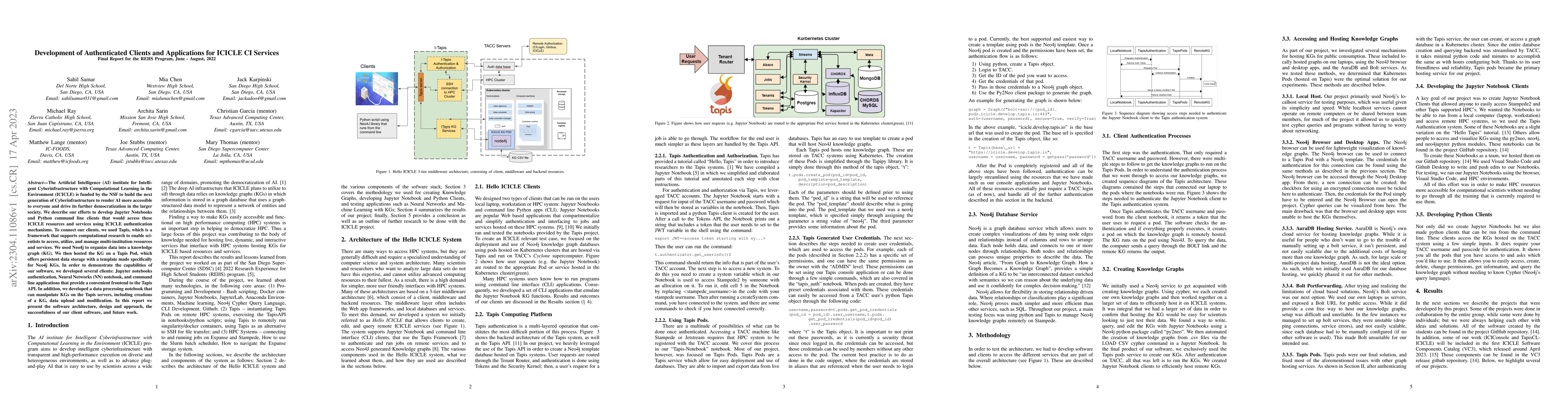 Thumbnail for Development of Authenticated Clients and Applications for ICICLE CI
  Services -- Final Report for the REHS Program, June-August, 2022
