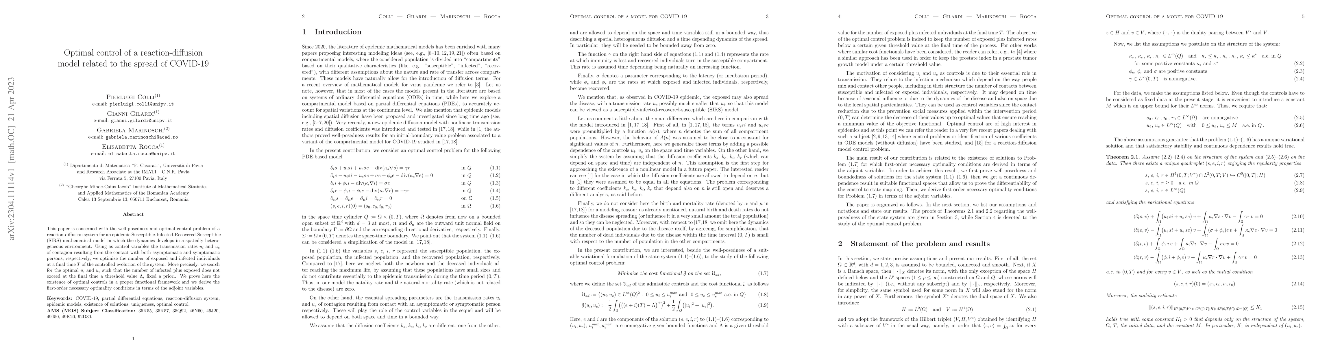 Thumbnail for Optimal control of a reaction-diffusion model related to the spread of
  COVID-19