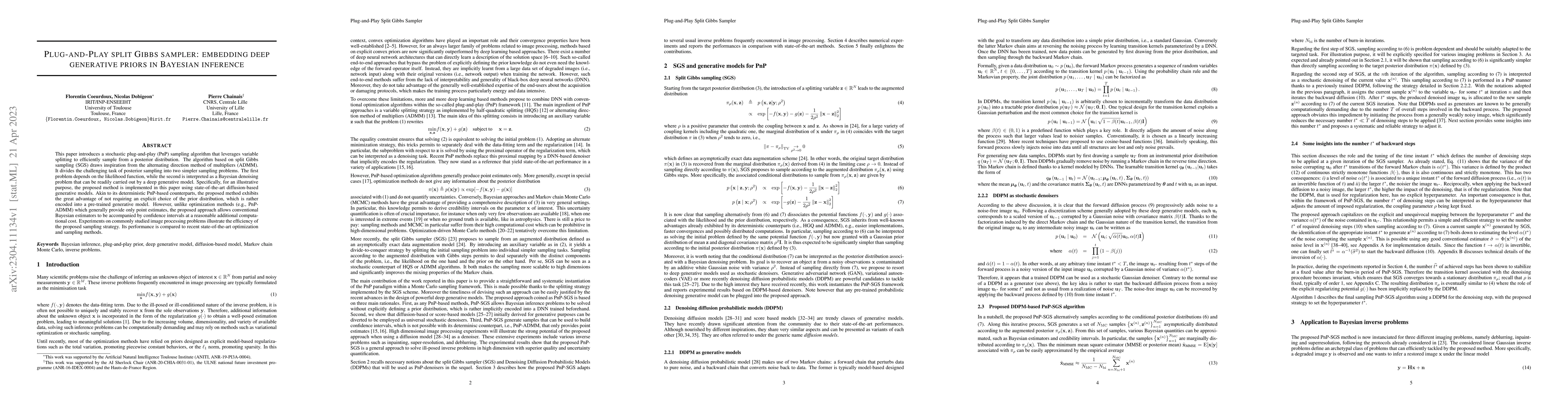 Thumbnail for Plug-and-Play split Gibbs sampler: embedding deep generative priors in
  Bayesian inference