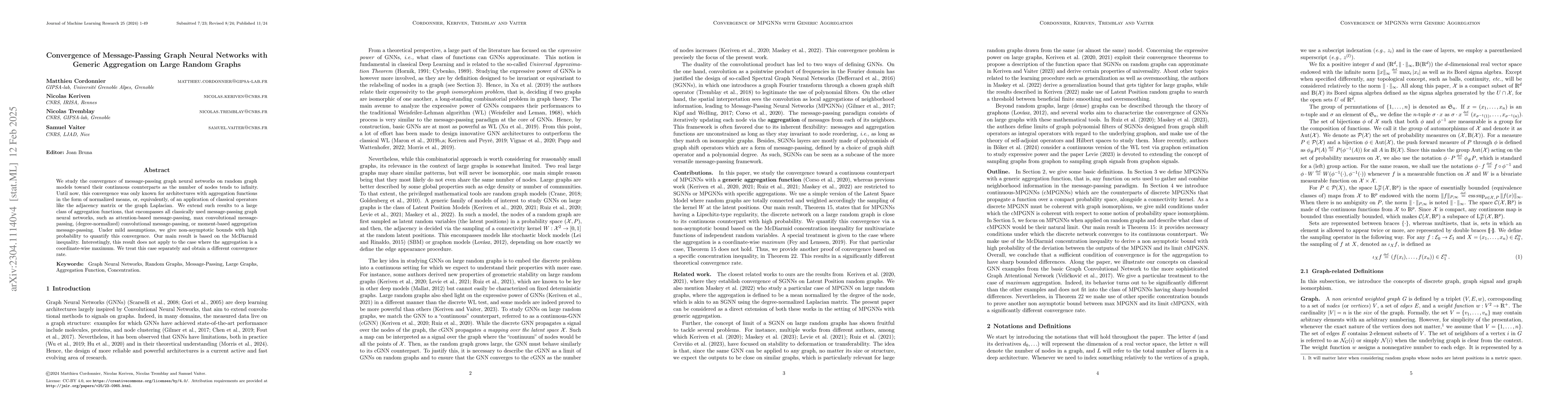 Thumbnail for Convergence of Message Passing Graph Neural Networks with Generic
  Aggregation On Large Random Graphs