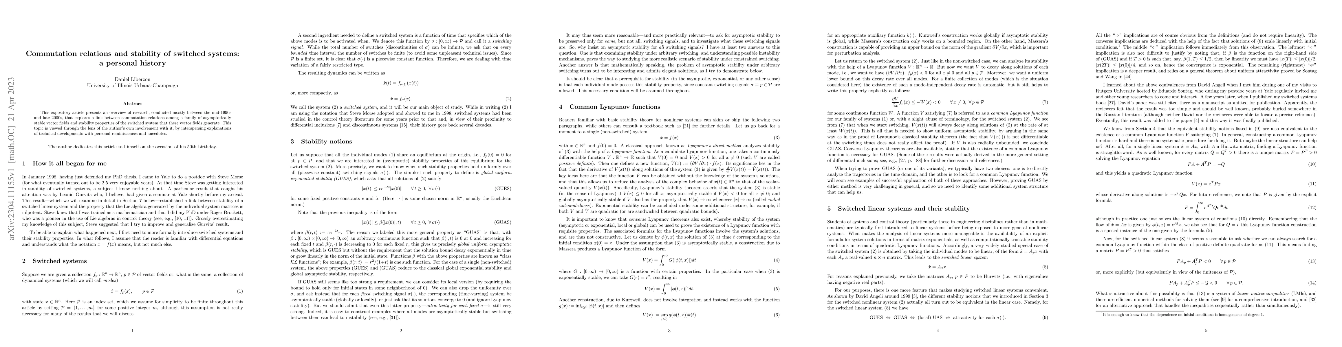 Thumbnail for Commutation relations and stability of switched systems: a personal
  history