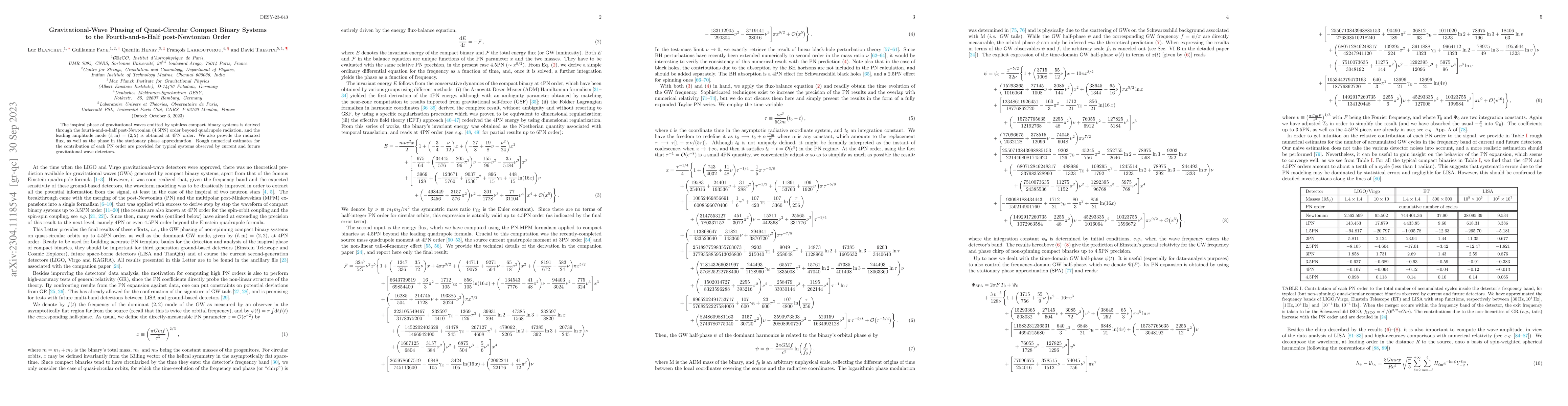 Thumbnail for Gravitational-Wave Phasing of Quasi-Circular Compact Binary Systems to
  the Fourth-and-a-Half post-Newtonian Order