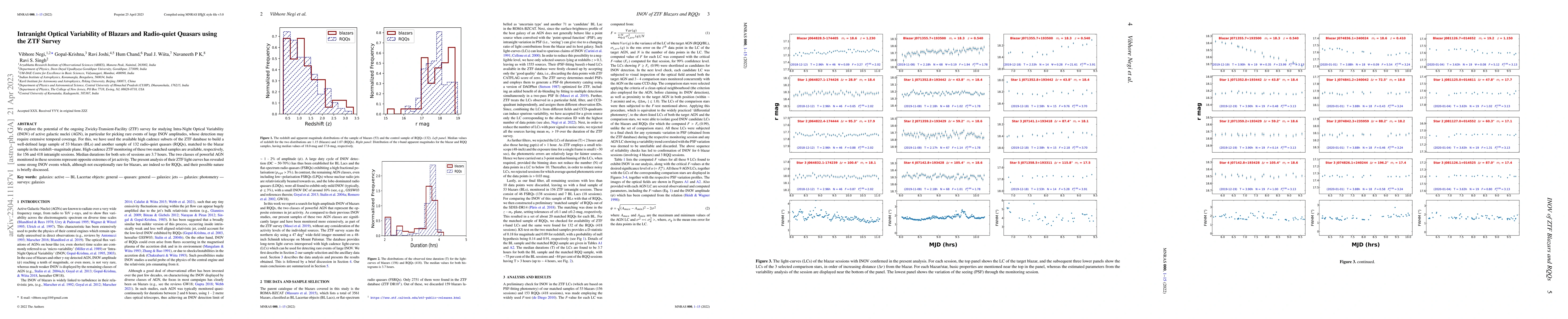 Thumbnail for Intranight Optical Variability of Blazars and Radio-quiet Quasars using
  the ZTF Survey