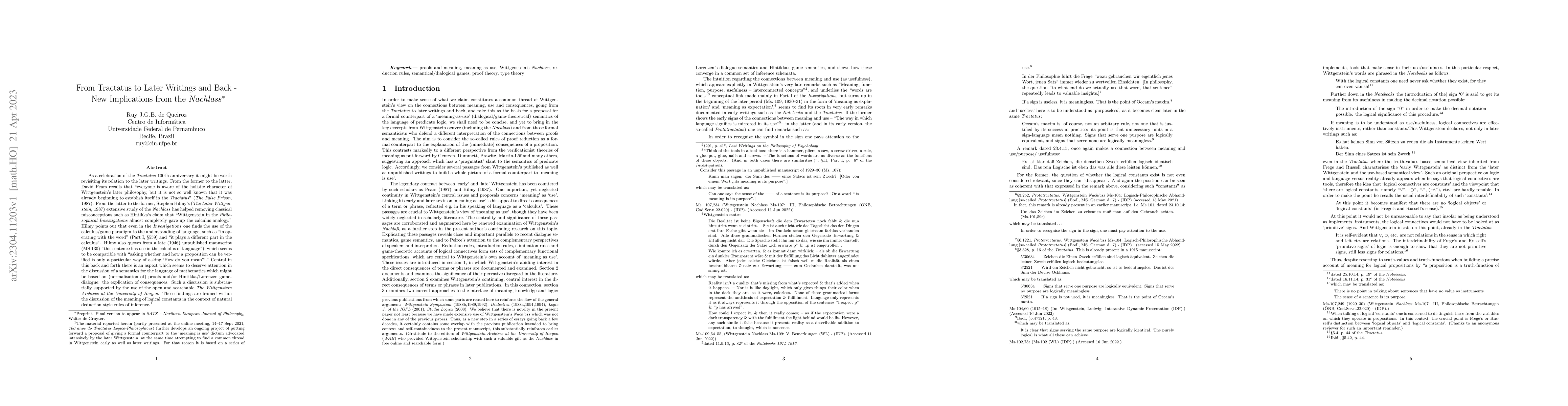 Thumbnail for From Tractatus to Later Writings and Back -- New Implications from the
  Nachlass