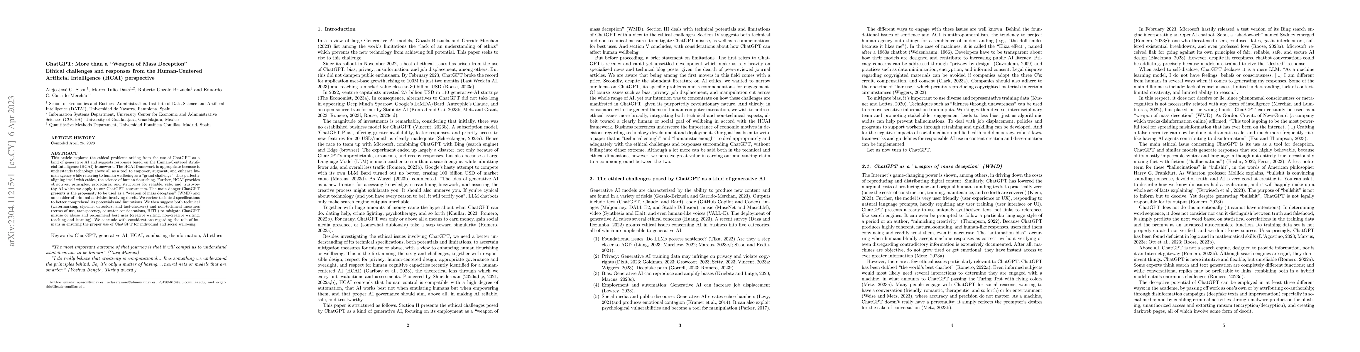 Thumbnail for ChatGPT: More than a Weapon of Mass Deception, Ethical challenges and
  responses from the Human-Centered Artificial Intelligence (HCAI) perspective