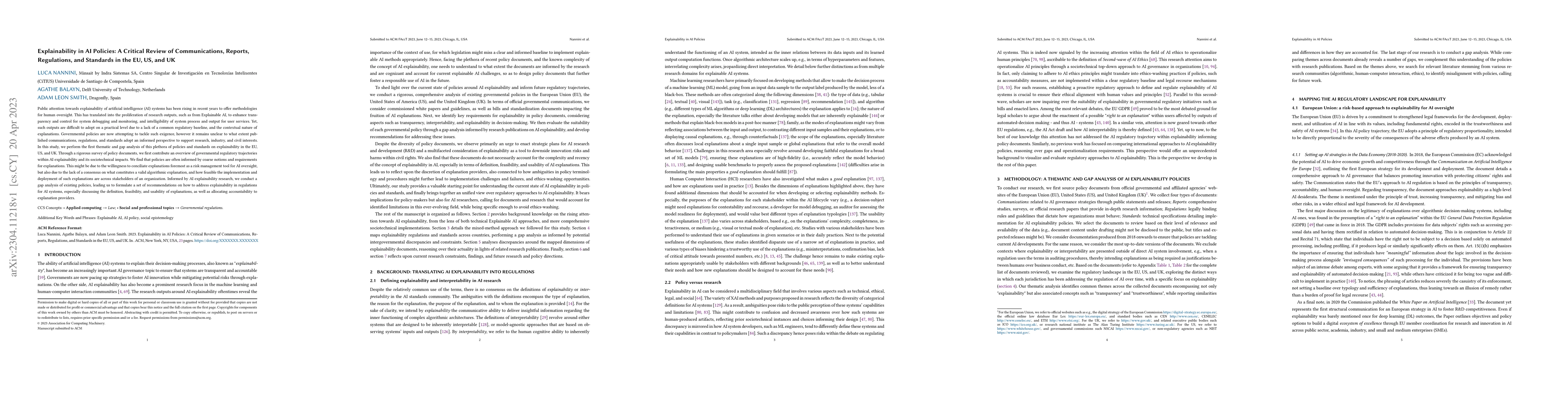 Thumbnail for Explainability in AI Policies: A Critical Review of Communications,
  Reports, Regulations, and Standards in the EU, US, and UK