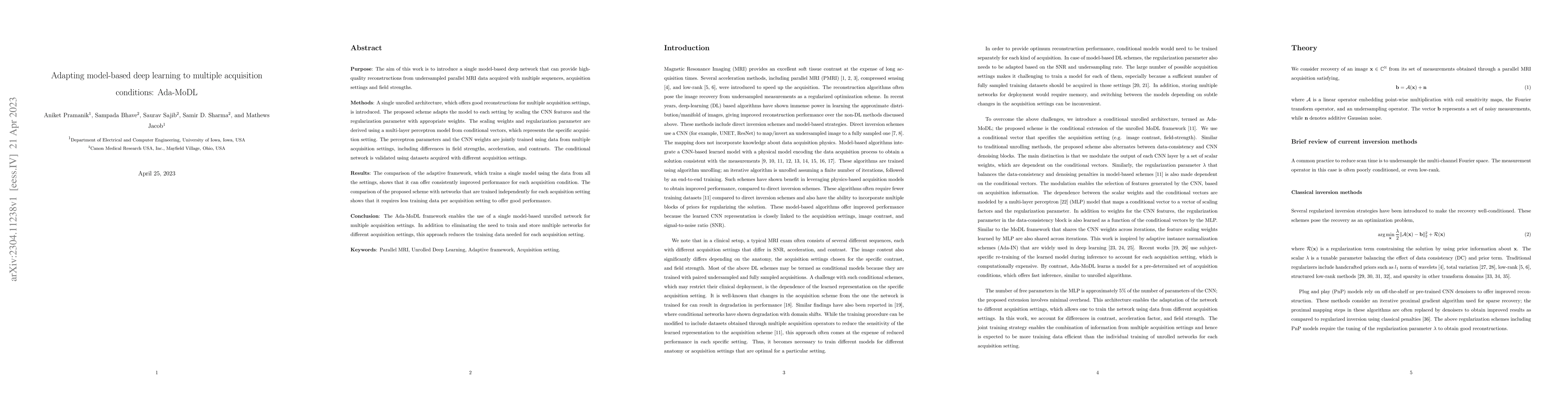 Thumbnail for Adapting model-based deep learning to multiple acquisition conditions:
  Ada-MoDL