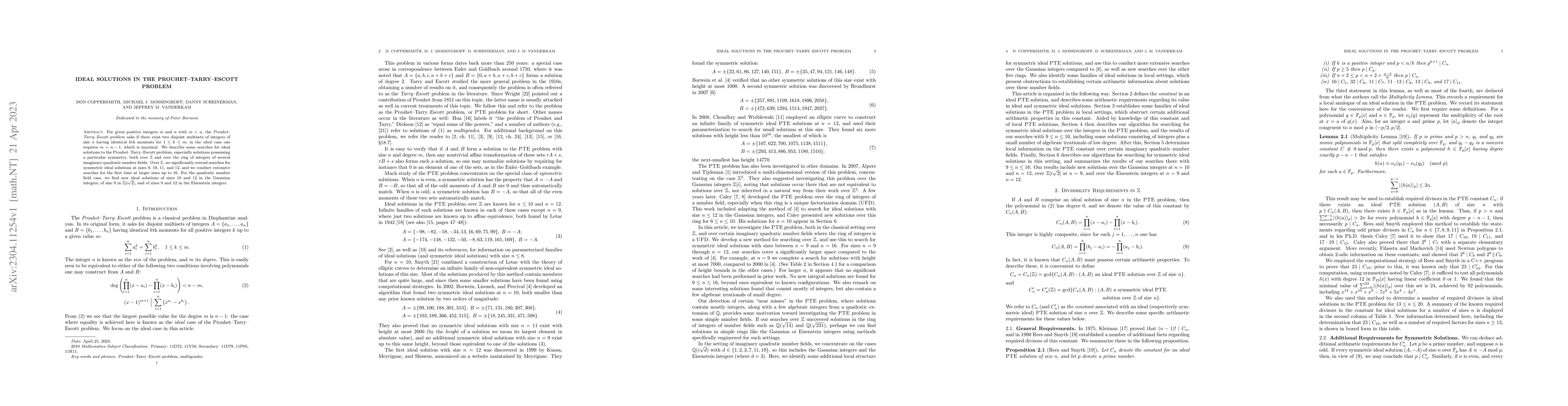 Thumbnail for Ideal solutions in the Prouhet-Tarry-Escott problem