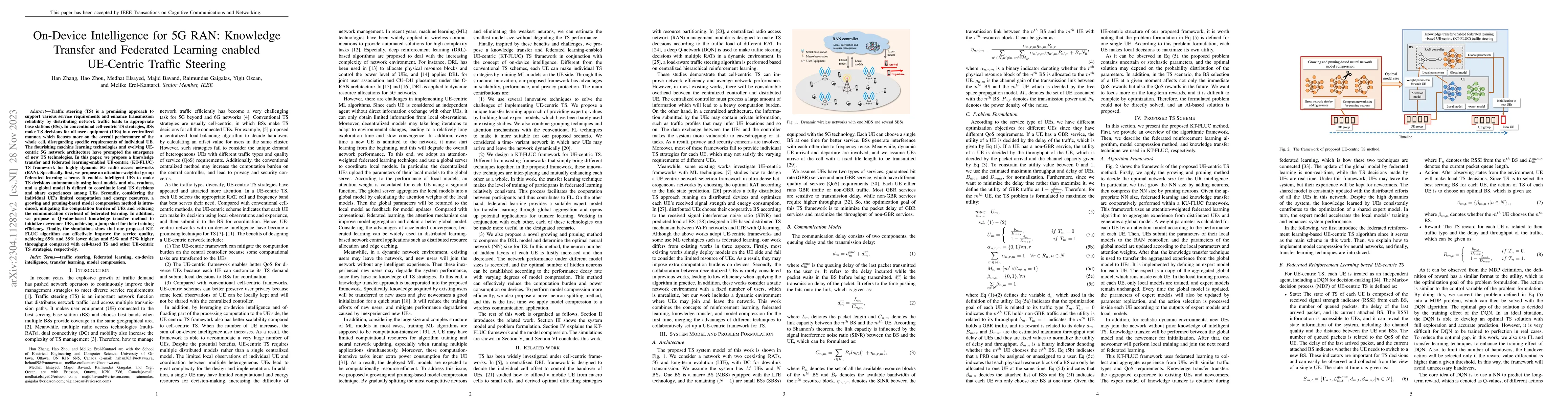 Thumbnail for On-Device Intelligence for 5G RAN: Knowledge Transfer and Federated
  Learning enabled UE-Centric Traffic Steering