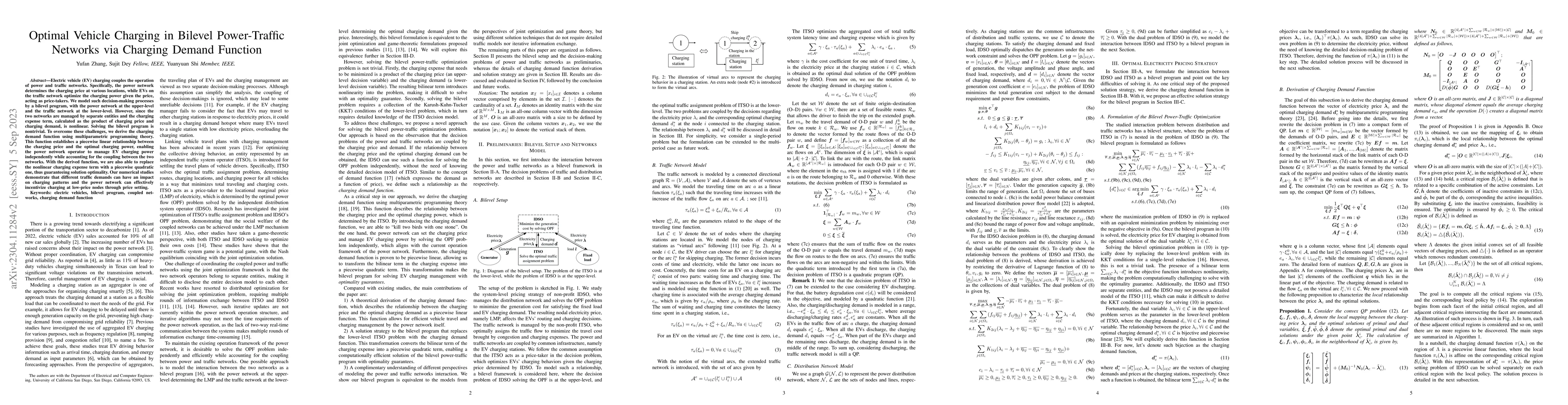 Thumbnail for Optimal Vehicle Charging in Bilevel Power-Traffic Networks via Charging
  Demand Function