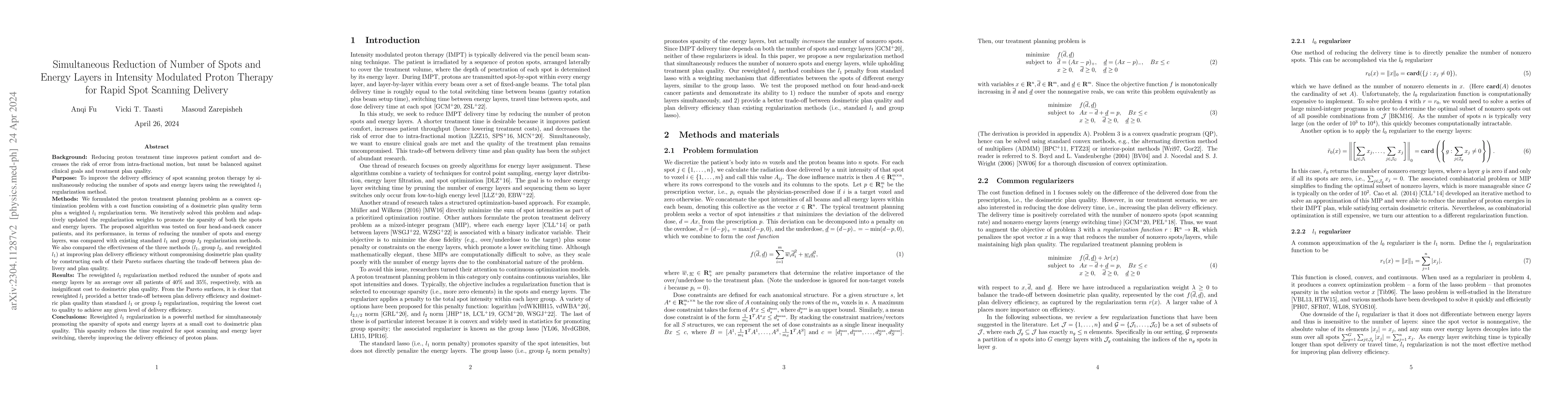 Thumbnail for Simultaneous Reduction of Number of Spots and Energy Layers in Intensity
  Modulated Proton Therapy for Rapid Spot Scanning Delivery