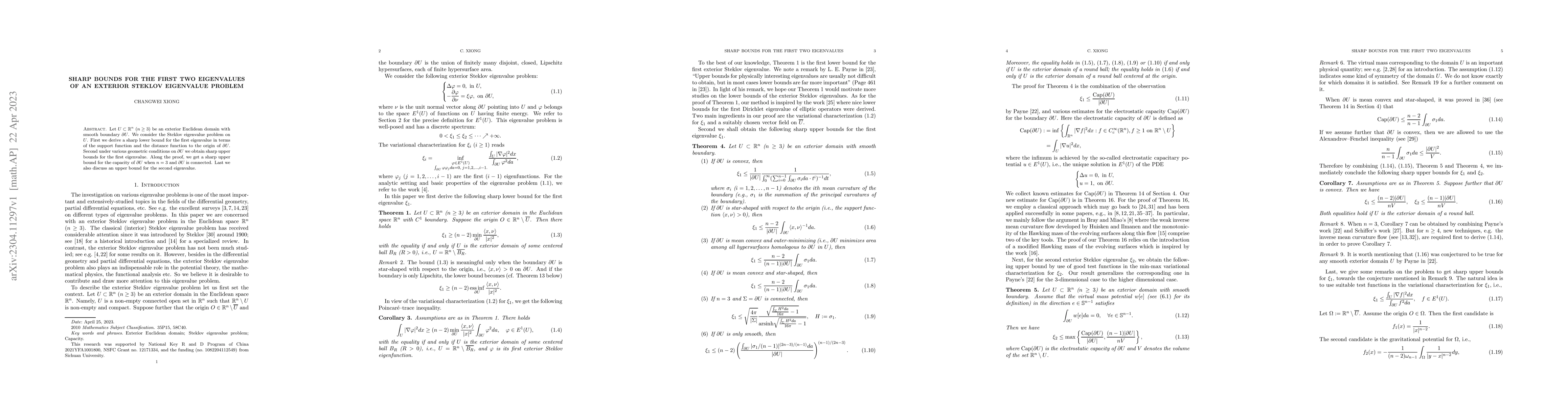 Thumbnail for Sharp bounds for the first two eigenvalues of an exterior Steklov
  eigenvalue problem