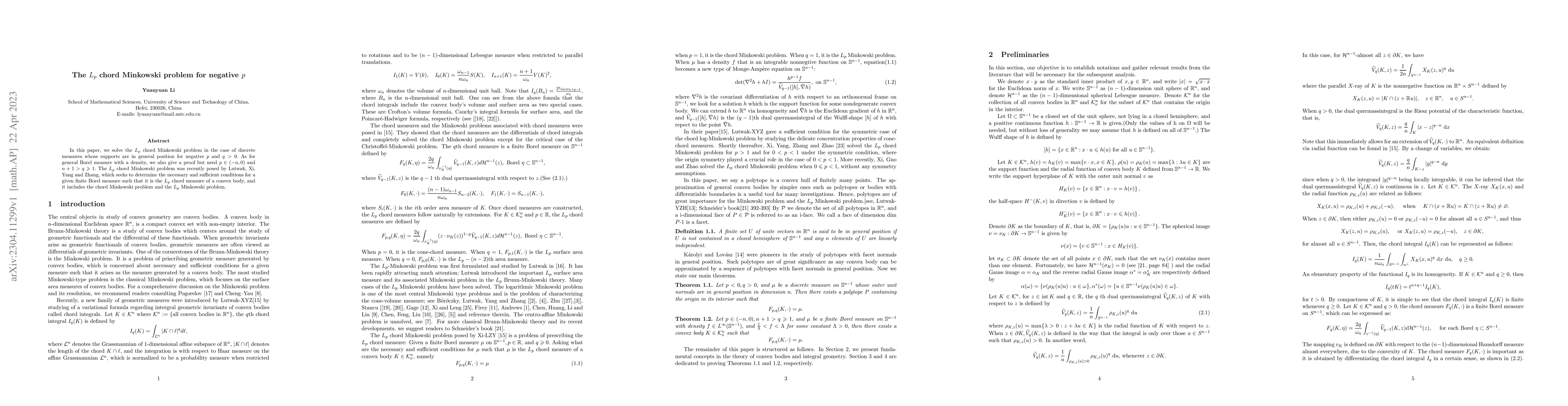 Thumbnail for The $Lp$ chord Minkowski problem for negative $p$