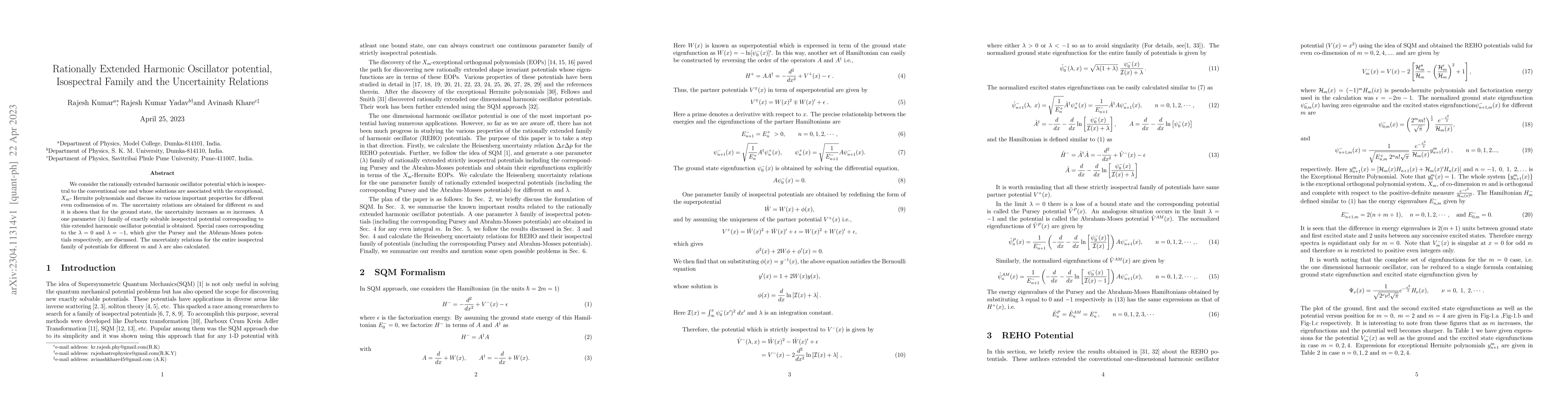 Thumbnail for Rationally Extended Harmonic Oscillator potential, Isospectral Family
  and the Uncertainity Relations