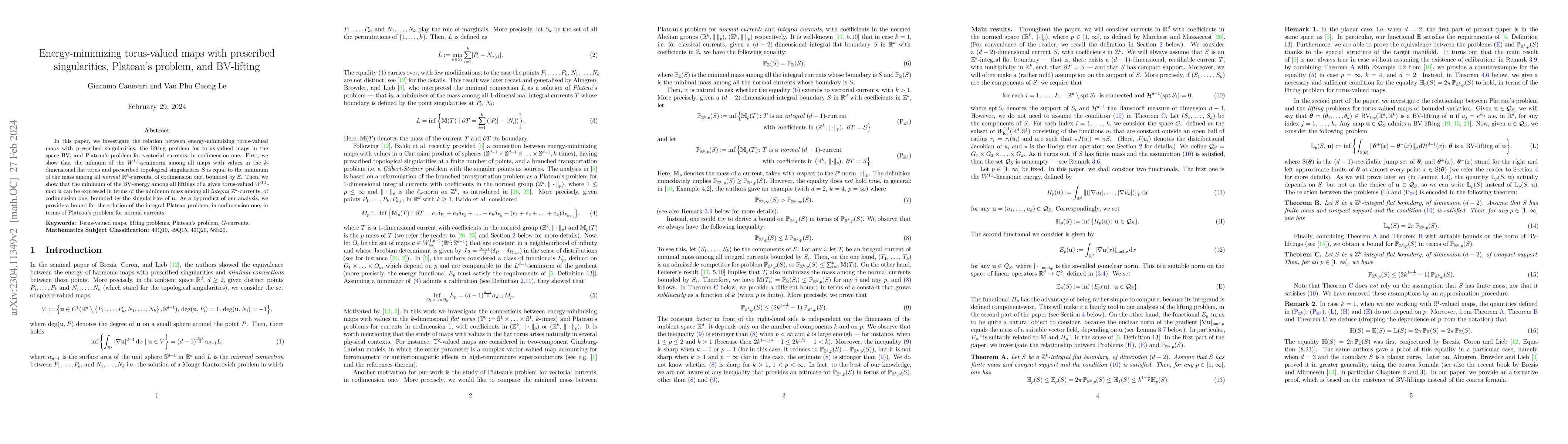Thumbnail for Energy-minimizing torus-valued maps with prescribed singularities,
  Plateau's problem, and BV-lifting