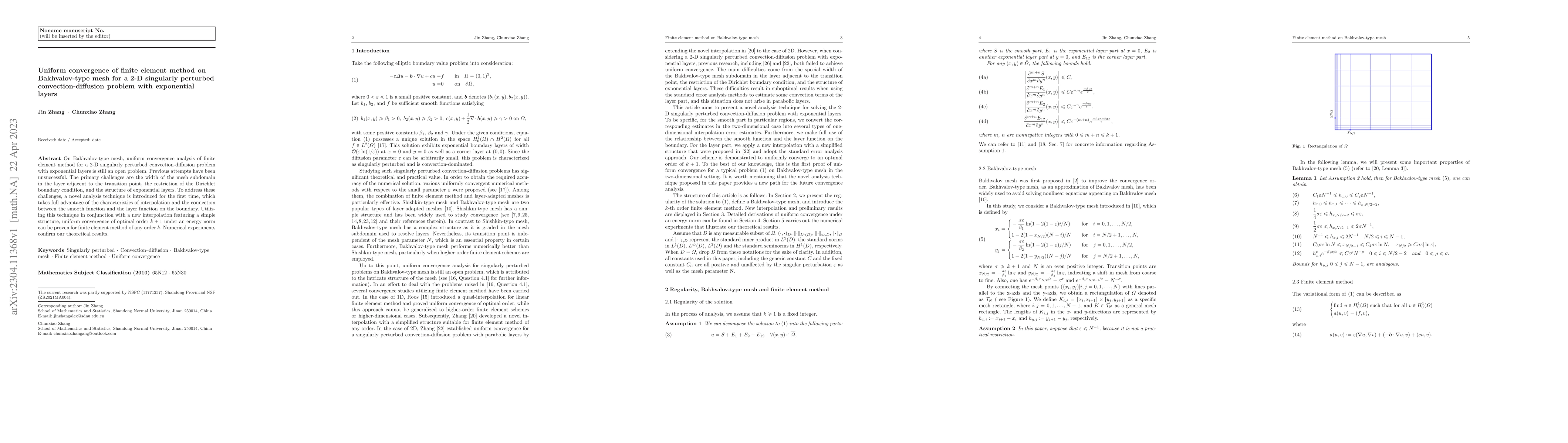 Thumbnail for Uniform convergence of finite element method on Bakhvalov-type mesh for
  a 2-D singularly perturbed convection-diffusion problem with exponential
  layers