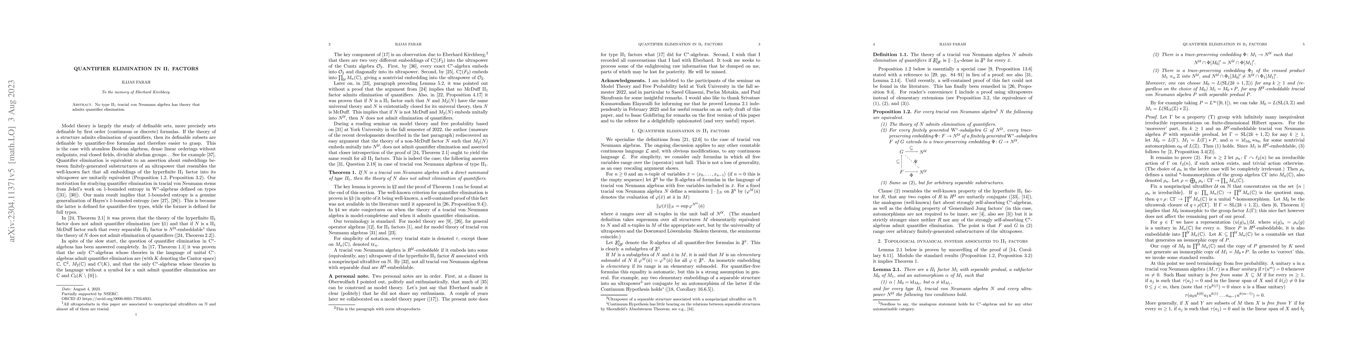 Thumbnail for Quantifier elimination in II$_1$ factors