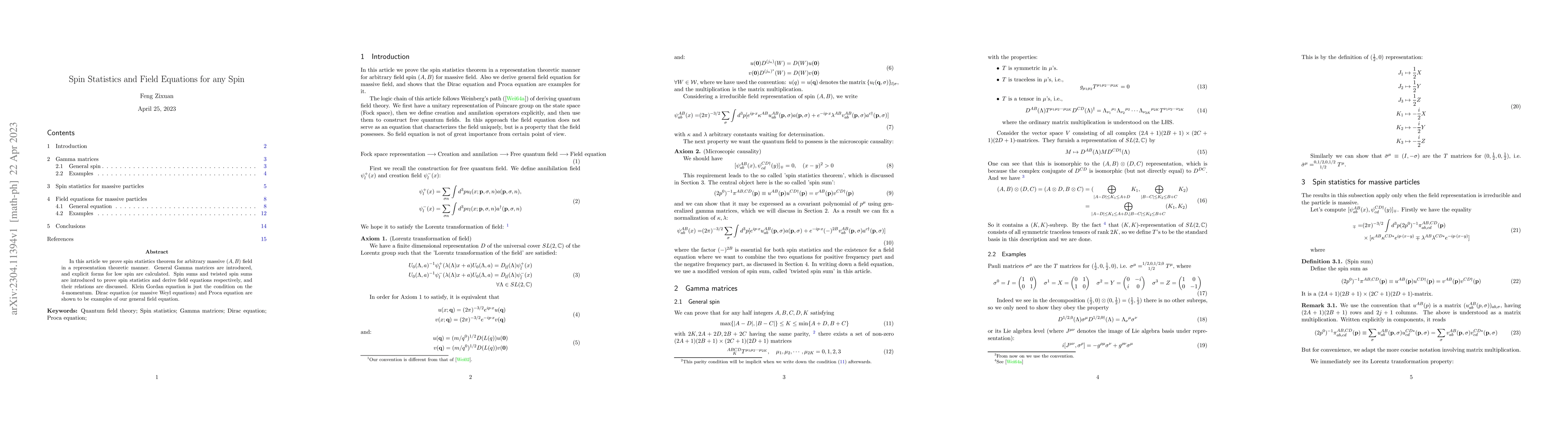 Thumbnail for Spin Statistics and Field Equations for any Spin