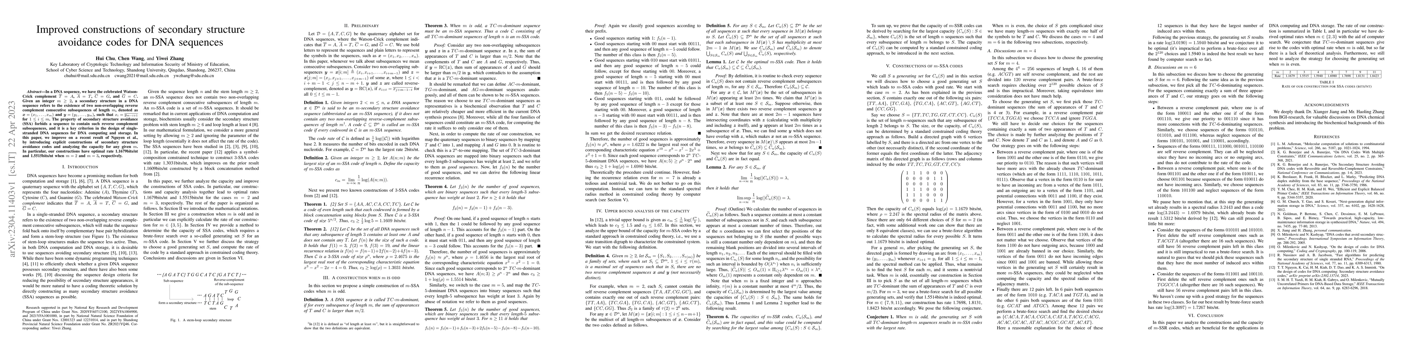 Thumbnail for Improved constructions of secondary structure avoidance codes for DNA
  sequences