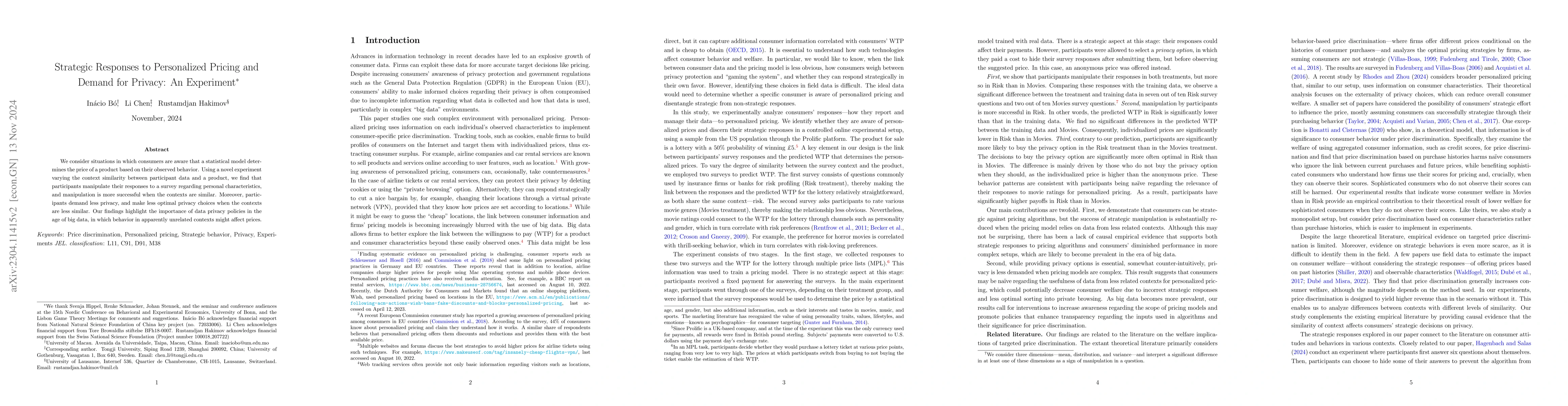 Thumbnail for Strategic Responses to Personalized Pricing and Demand for Privacy: An
  Experiment