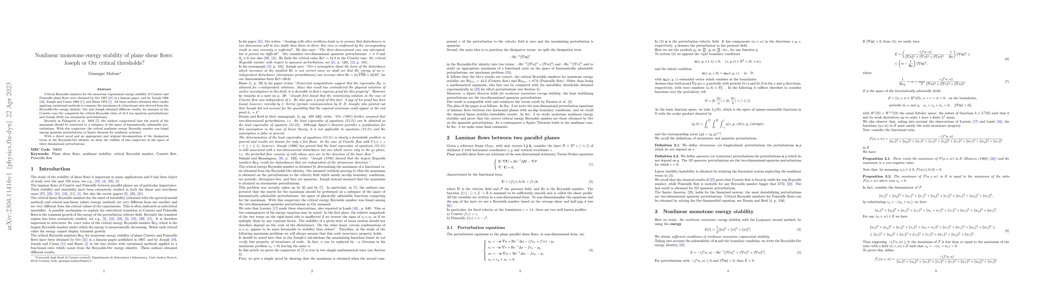 Thumbnail for Nonlinear monotone energy stability of plane shear flows: Joseph or Orr
  critical thresholds?
