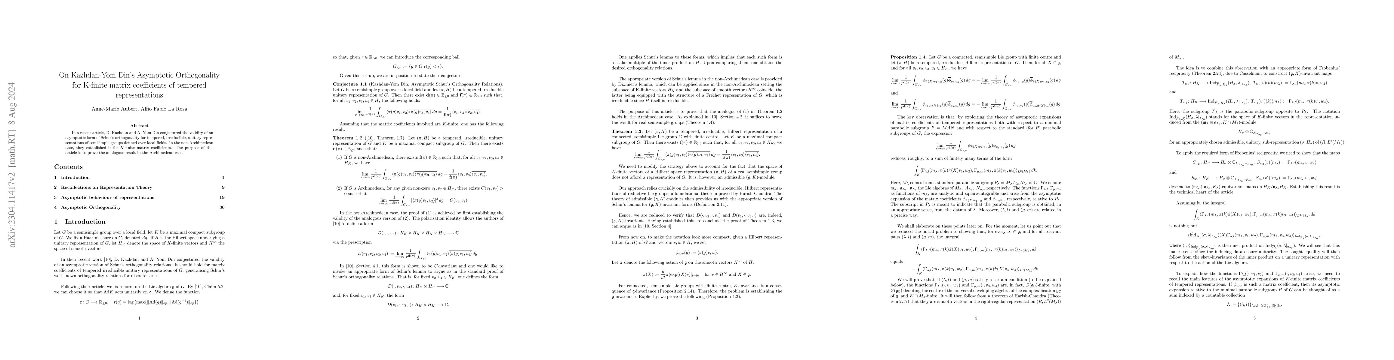 Thumbnail for On Kazhdan-Yom Din asymptotic Schur orthogonality for K-finite matrix
  coefficients