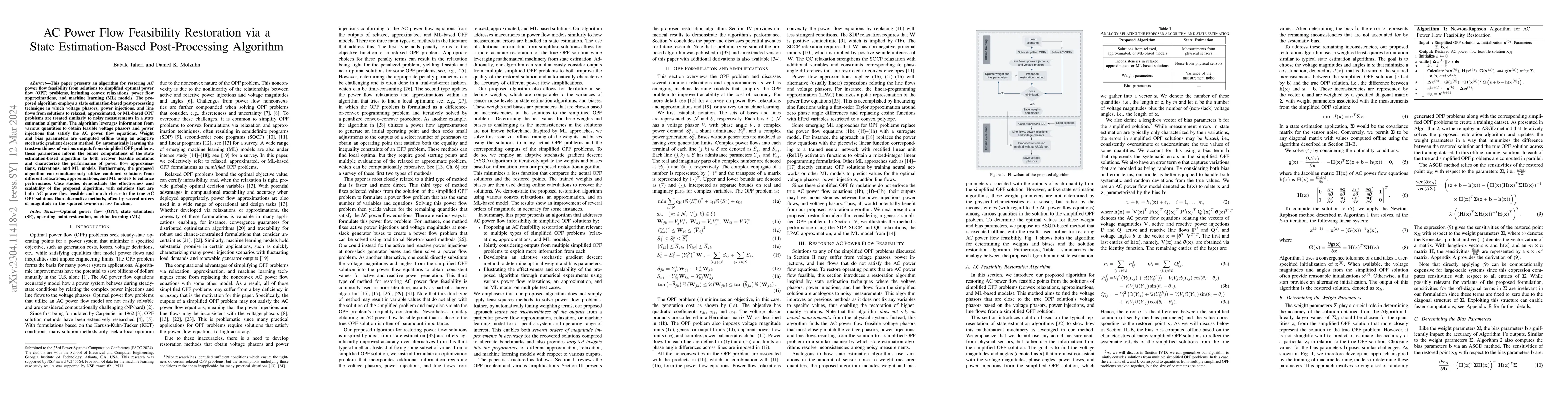 Thumbnail for AC Power Flow Feasibility Restoration via a State Estimation-Based
  Post-Processing Algorithm