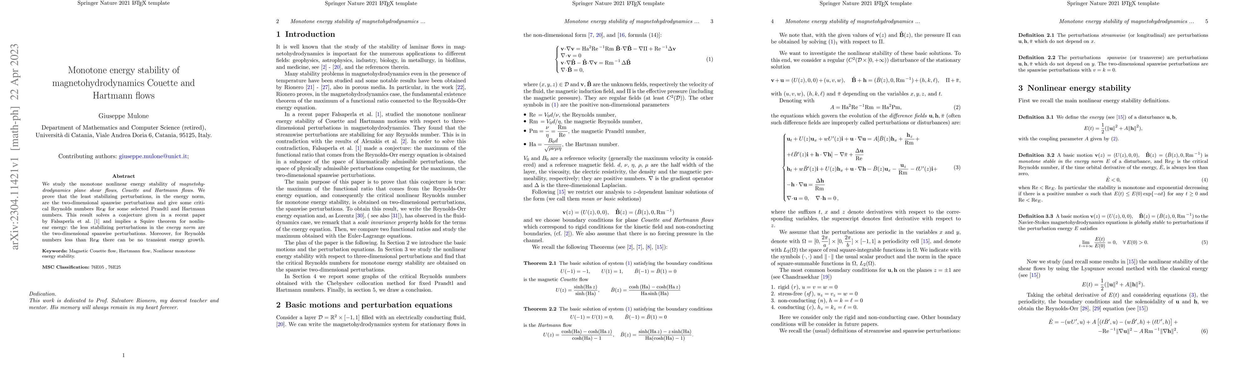 Thumbnail for Monotone energy stability of magnetohydrodynamics Couette and Hartmann
  flows