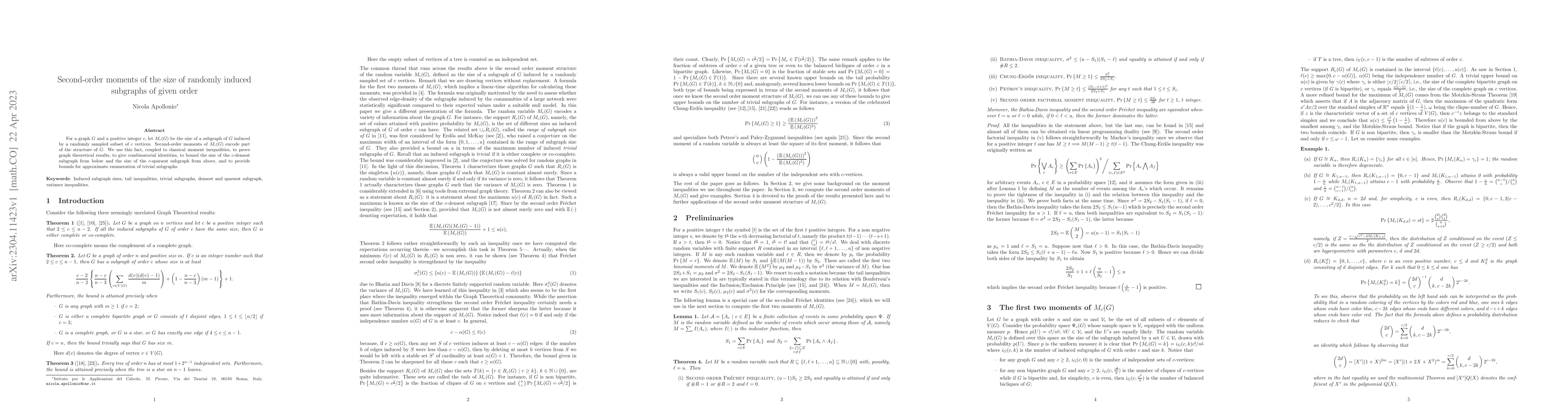 Thumbnail for Second-order moments of the size of randomly induced subgraphs of given
  order
