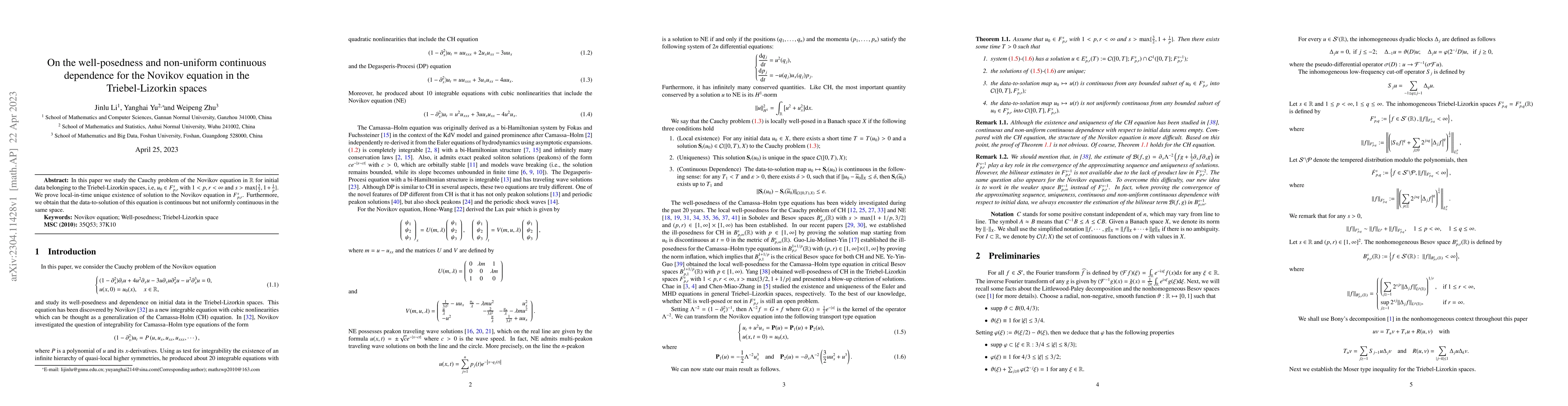 Thumbnail for On the well-posedness and non-uniform continuous dependence for the
  Novikov equation in the Triebel-Lizorkin spaces