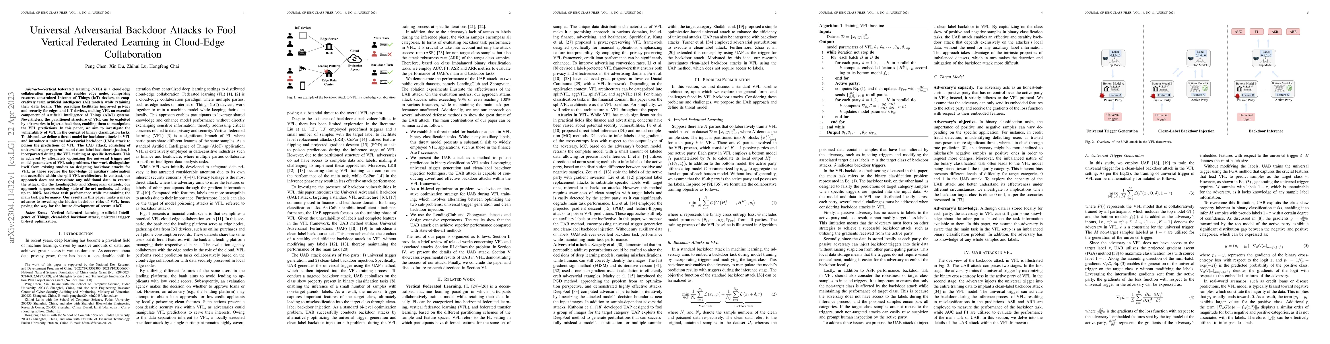 Thumbnail for Universal Adversarial Backdoor Attacks to Fool Vertical Federated
  Learning in Cloud-Edge Collaboration