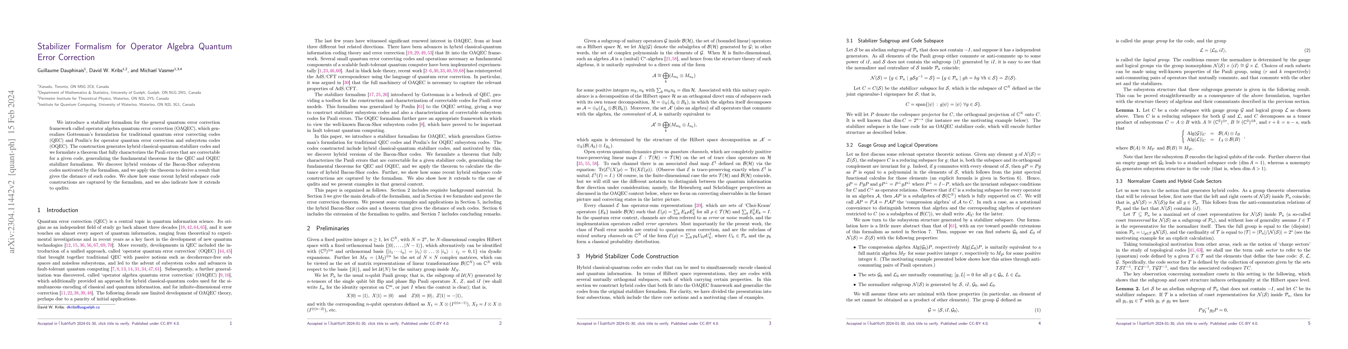 Thumbnail for Stabilizer Formalism for Operator Algebra Quantum Error Correction