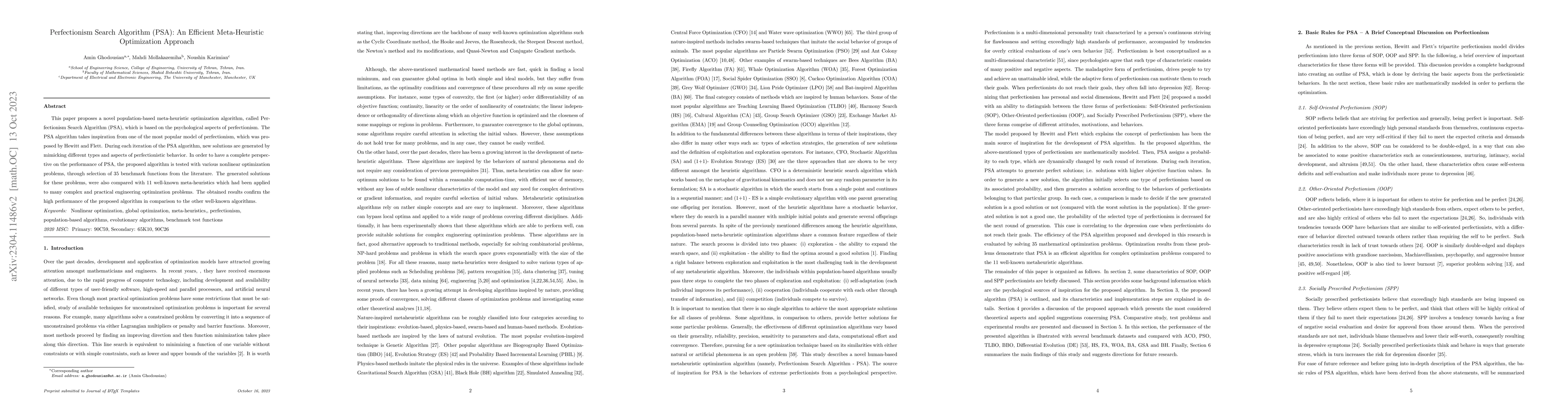 Thumbnail for Perfectionism Search Algorithm (PSA): An Efficient Meta-Heuristic
  Optimization Approach